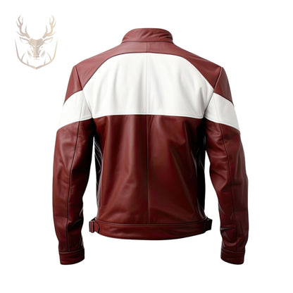 LuxeAura’s Maroon White Moto Racer Leather Jacket For Men.