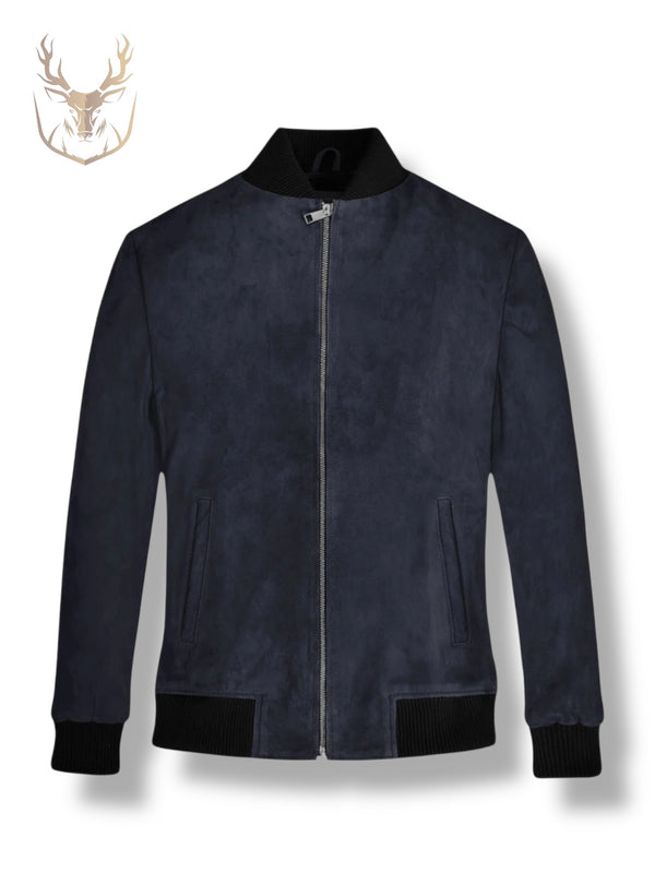 LuxeAura’s Dark Blue Suede Bomber Jacket For Men.