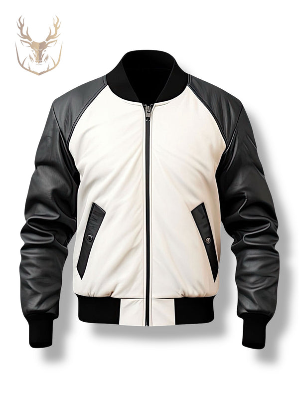 LuxeAura’s Black White Bomber Leather Jacket For Men.