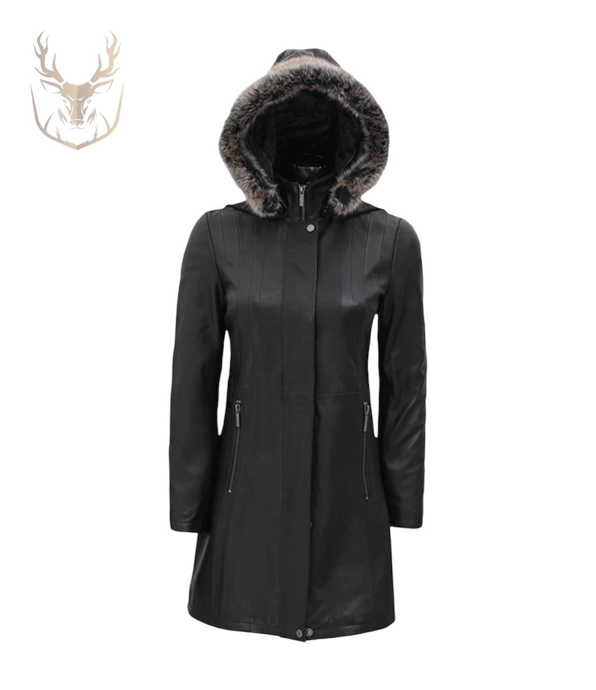 LuxeAura’s Black Hooded Fur Collar Leather Coat For Women.