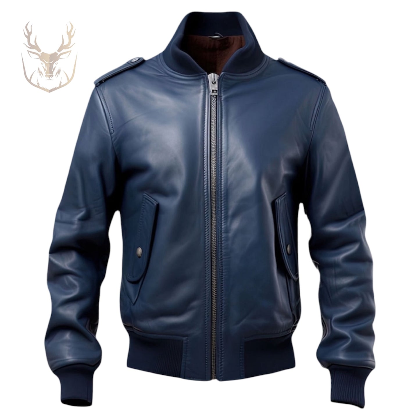 LuxeAura’s Navy Blue Baseball Collar Leather Jacket For Men.