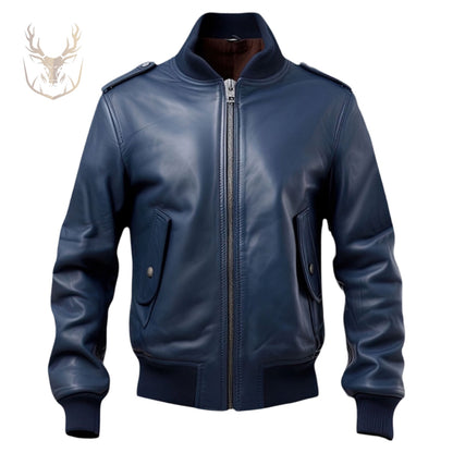 LuxeAura’s Navy Blue Baseball Collar Leather Jacket For Men.