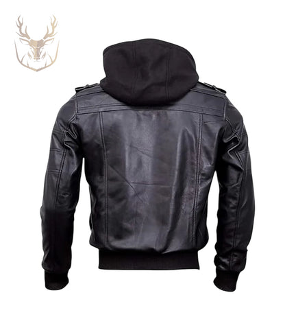 LuxeAura’s Hooded Bomber Leather Jacket For Men.