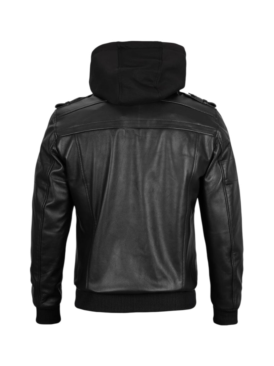 LuxeAura’s Hooded Black Bomber Leather Jacket For Men.