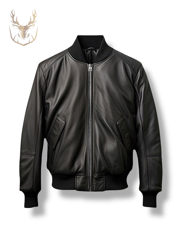 LuxeAura’s Black Baseball Leather Jacket For Men.