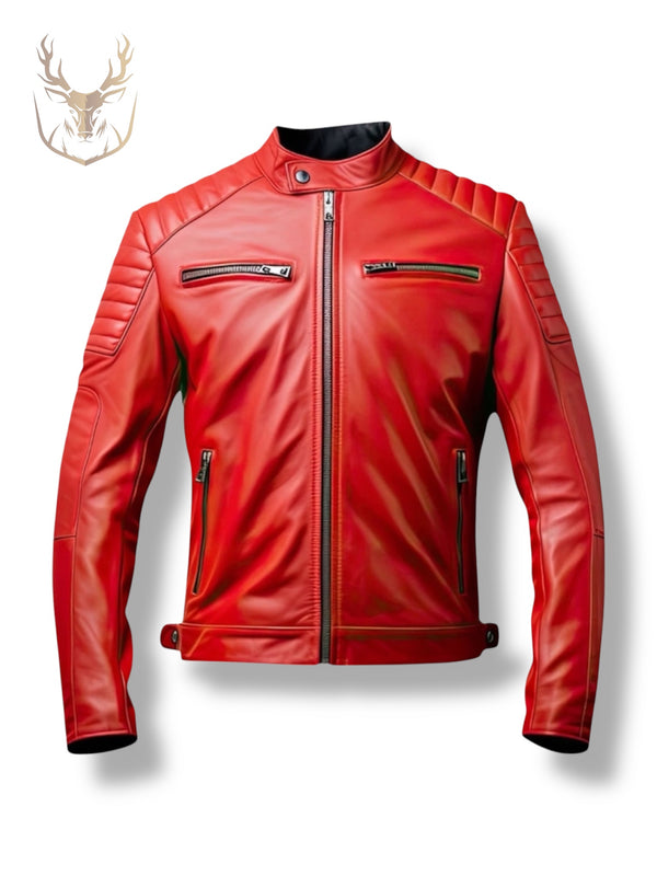 LuxeAura’s Red Racer Leather Jacket For Men.