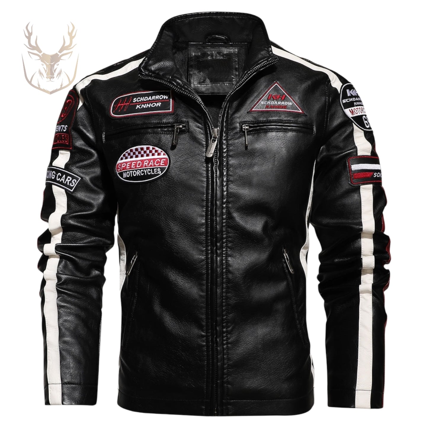 LuxeAura’s Black Embroidery Patch Aviator Biker Leather Jacket For Men.