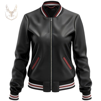 LuxeAura’s Black Baseball Collar Varsity Leather Jacket For Women.