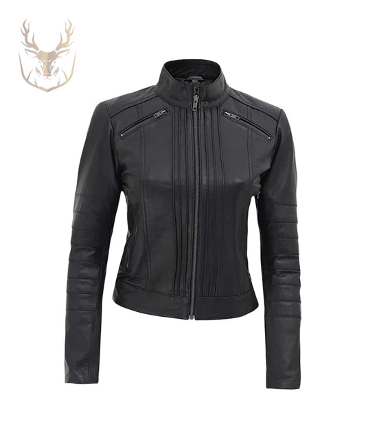 LuxeAura’s Black Slim Fit Leather Jacket For Women.