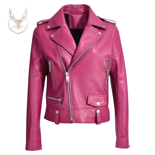 LuxeAura’s Pink Biker Leather Jacket For Women.