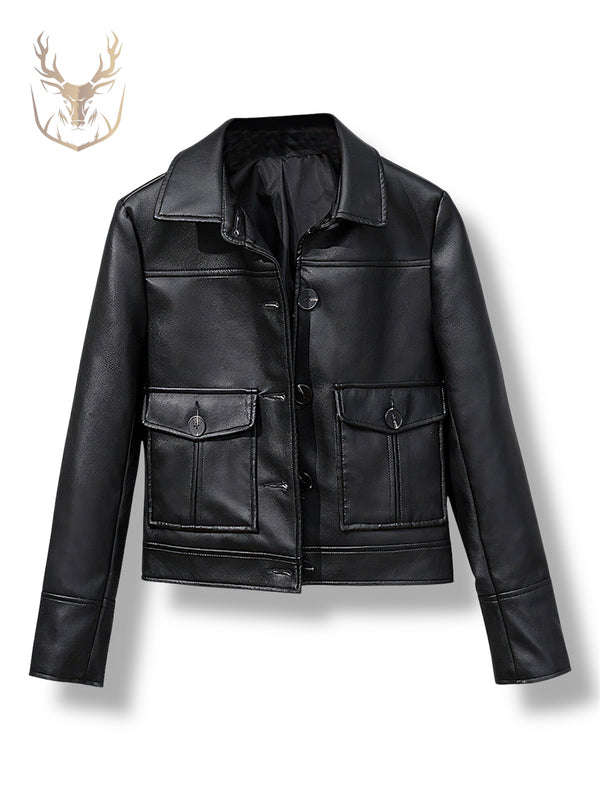 LuxeAura’s Black Breasted Leather Jacket For Women.