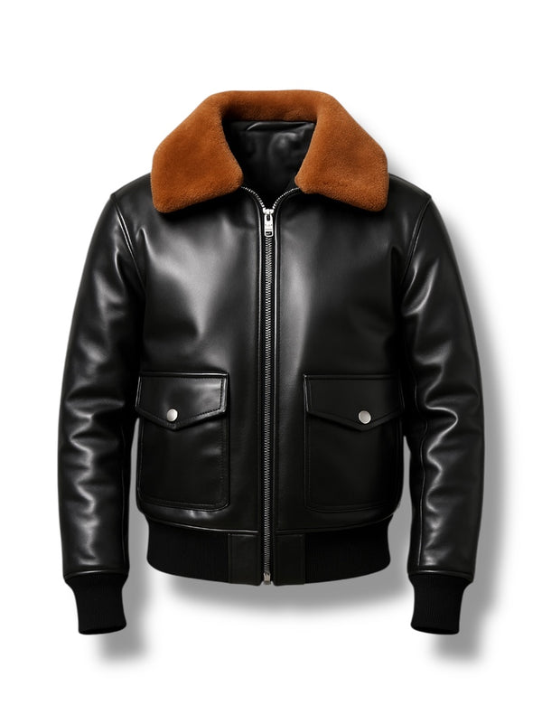 LuxeAura’s Shearling Collar Leather Jacket For Men.