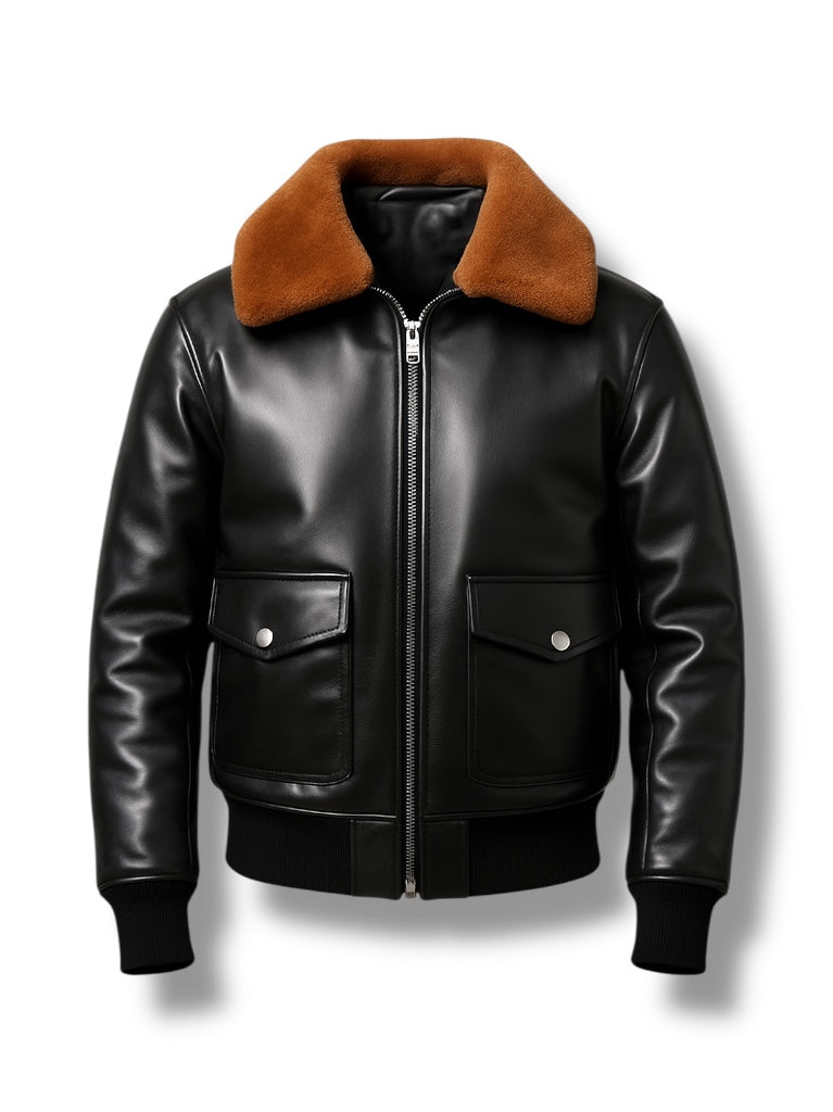 Black leather jacket with brown fur collar on a white background
