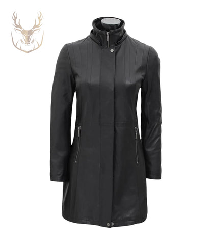 LuxeAura’s Black Hooded Fur Collar Leather Coat For Women.