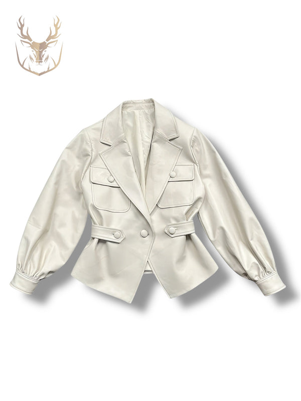 LuxeAura’s Milky White Leather Coat For Women.