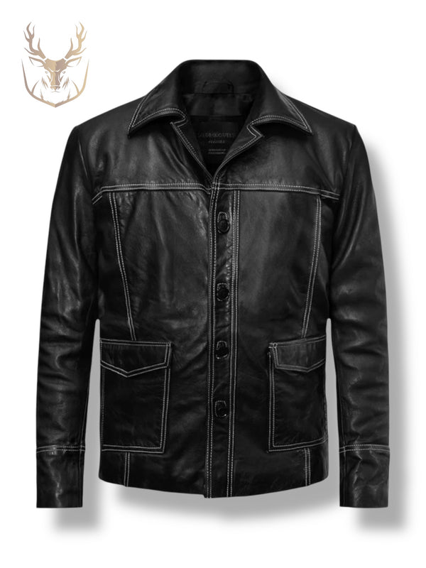 LuxeAura’s Black Luxe-Trucker Leather Jacket For Men.