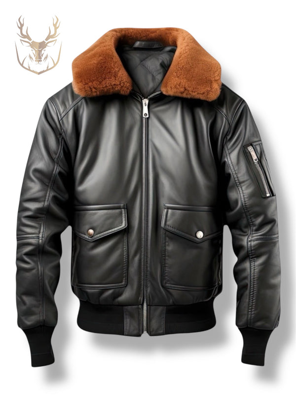 LuxeAura’s Shearling Collar Leather Jacket For Men.