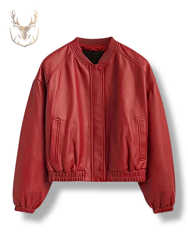 LuxeAura's Red Leather Bomber Jacket For Women