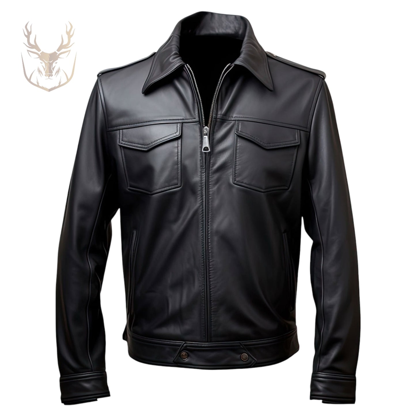 LuxeAura’s Black Trucker Leather Jacket For Men.