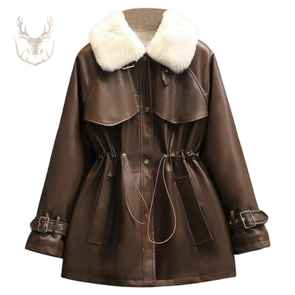 LuxeAura’s Auburn Shearling Leather Trench For Women.