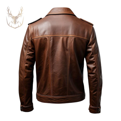 LuxeAura’s Dark Brown Trucker Leather Jacket For Men.