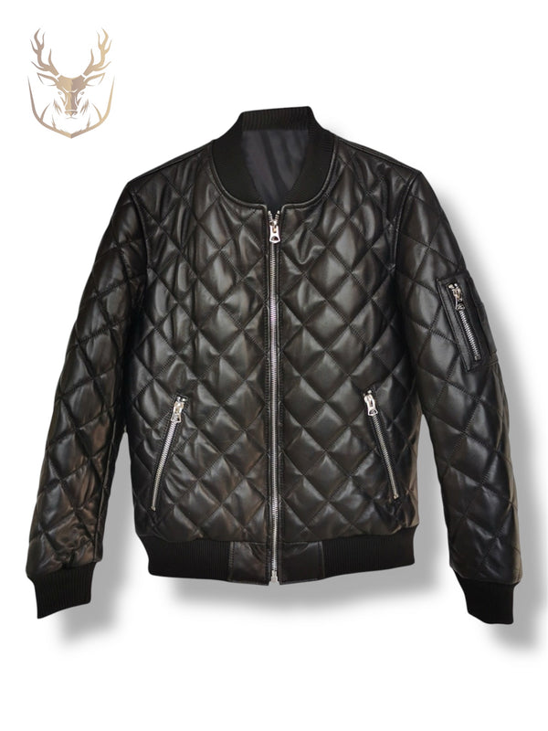 LuxeAura’s Black Diamond Quilted Bomber Jacket For Men.