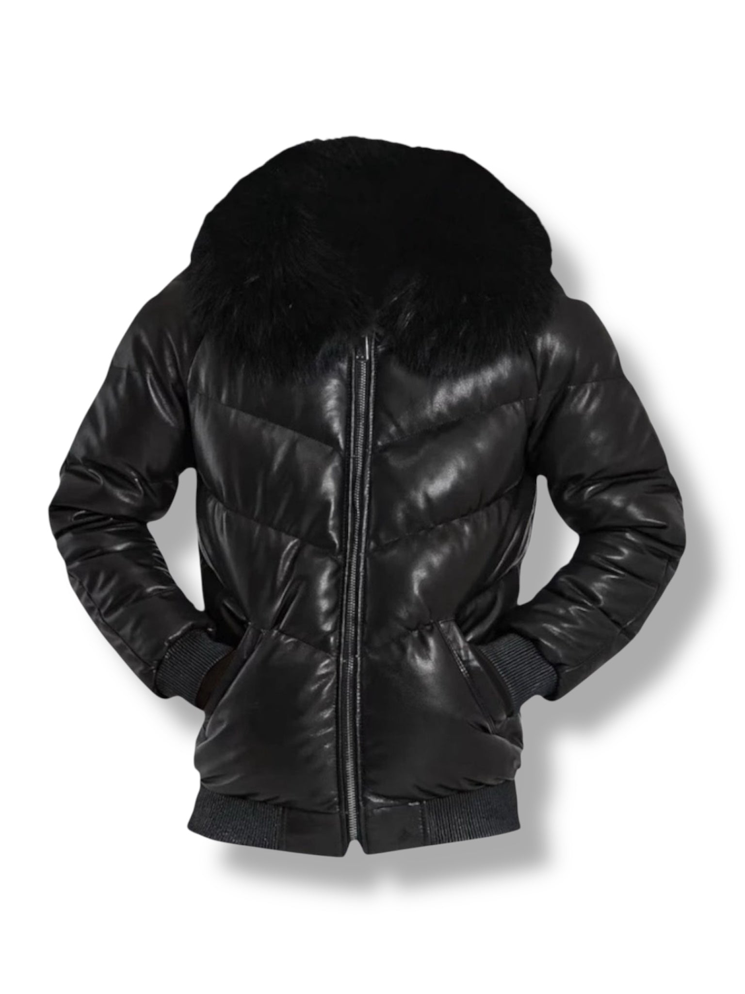 Black leather jacket with fur hood on a white background
