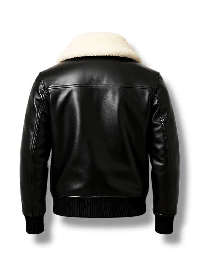 Black leather jacket with white fur lining on a white background