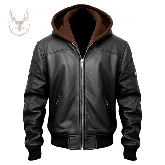 LuxeAura’s Black Hooded Bomber Leather Jacket For Men.