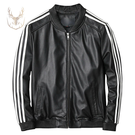 LuxeAura’s Black & White Stripped Baseball Jacket For Men.