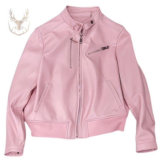 LuxeAura’s Pink Bomber Leather Jacket For Women.