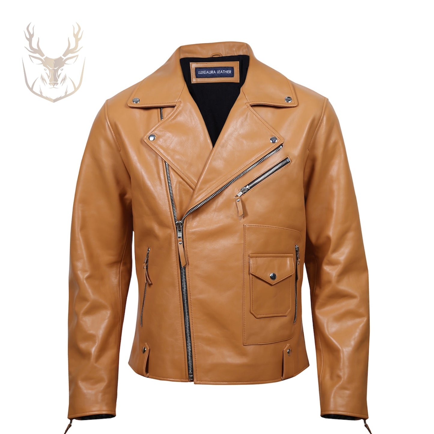 LuxeAura’s Beige Sandstone Biker Leather Jacket For Men.