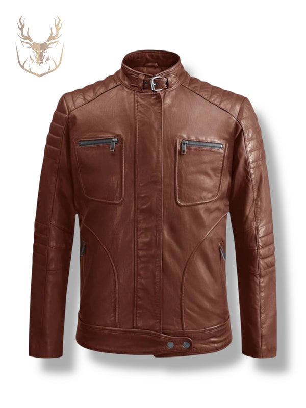 LuxeAura’s Tan Cafe Racer Leather Jacket.