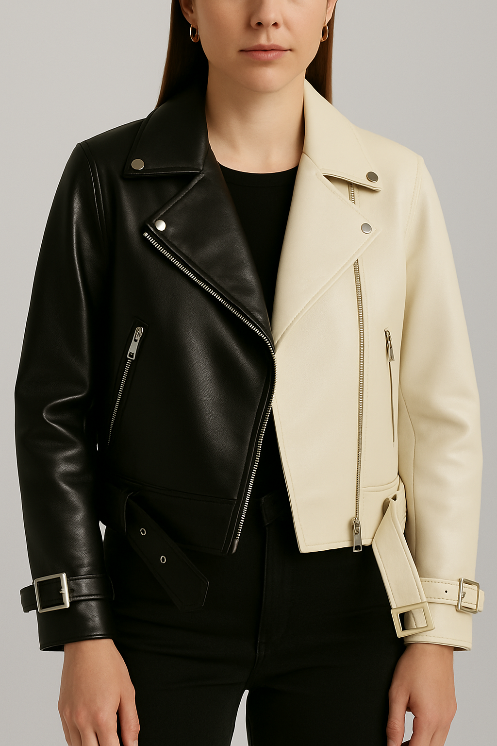 DUSK – Black & Beige Biker Leather Jacket