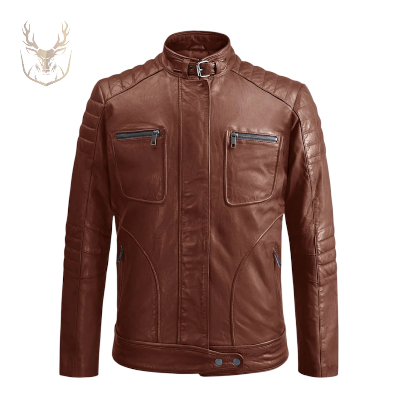 LuxeAura’s Tan Cafe Racer Leather Jacket.