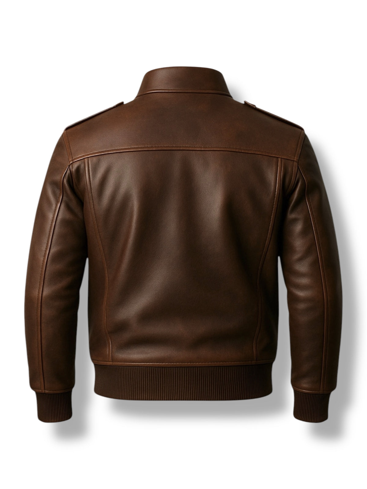 The BRAVSTON – The Bomber Leather Jacket is shown from the back in brown cowhide leather, featuring a straight yoke, ribbed waistband and cuffs, and a classic collar against a white background.