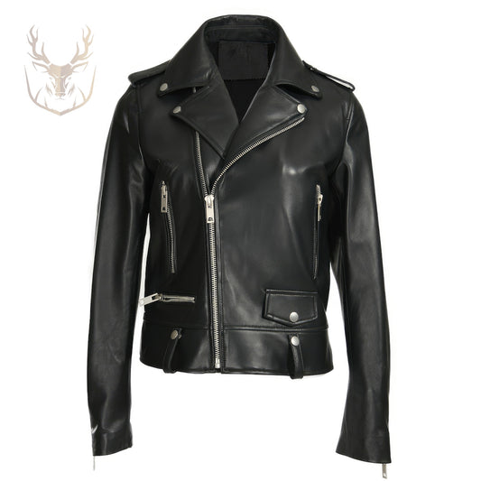 LuxeAura’s Black Biker Leather Jacket For Women.