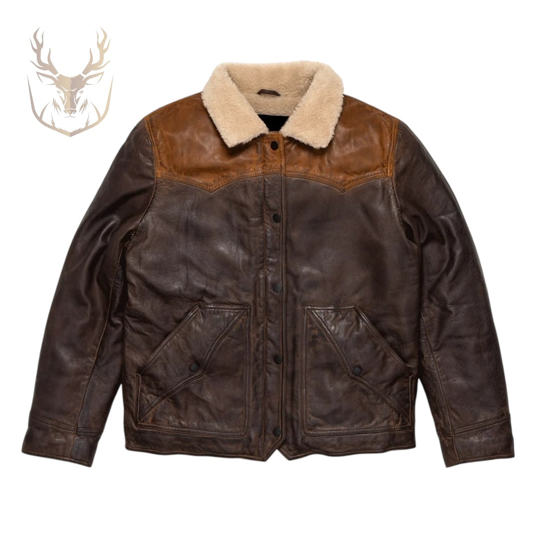 LuxeAura’s Brown Leather Sherpa Jacket For Men.