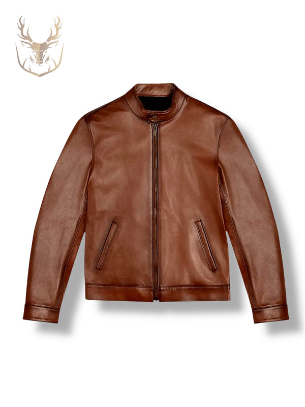 LuxeAura’s Chestnut Brown Café Racer Jacket For Men.