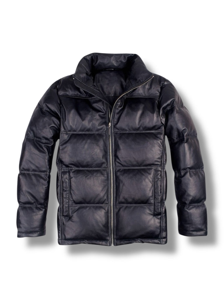 Black puffer jacket on a white background