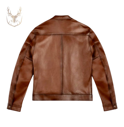 LuxeAura’s Chestnut Brown Café Racer Jacket For Men.