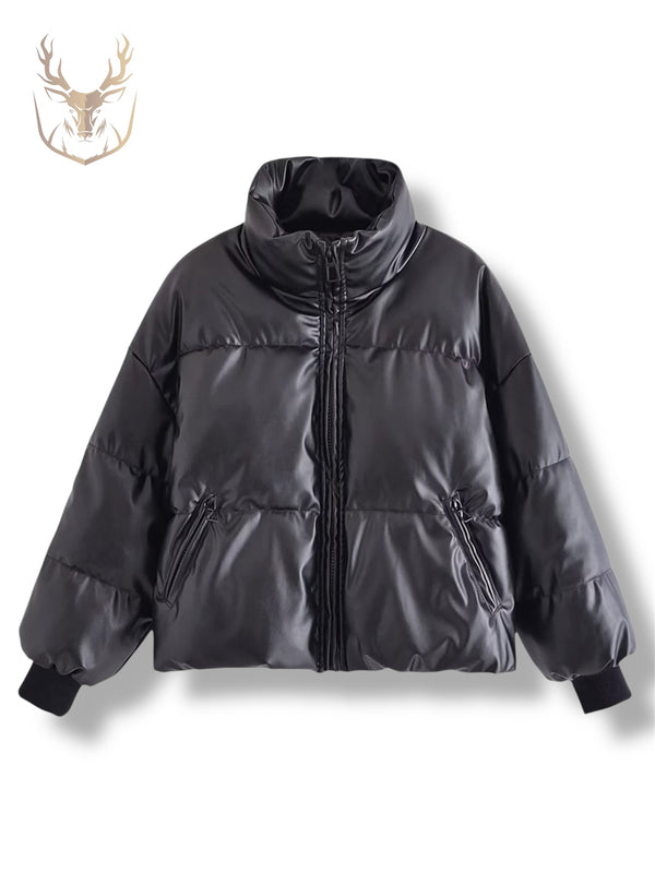 LuxeAura’s Black Padded Puffer Leather Jacket For Women.