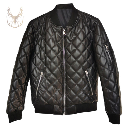 LuxeAura’s Black Bomber Diamond Quilted Leather Jacket For Men.