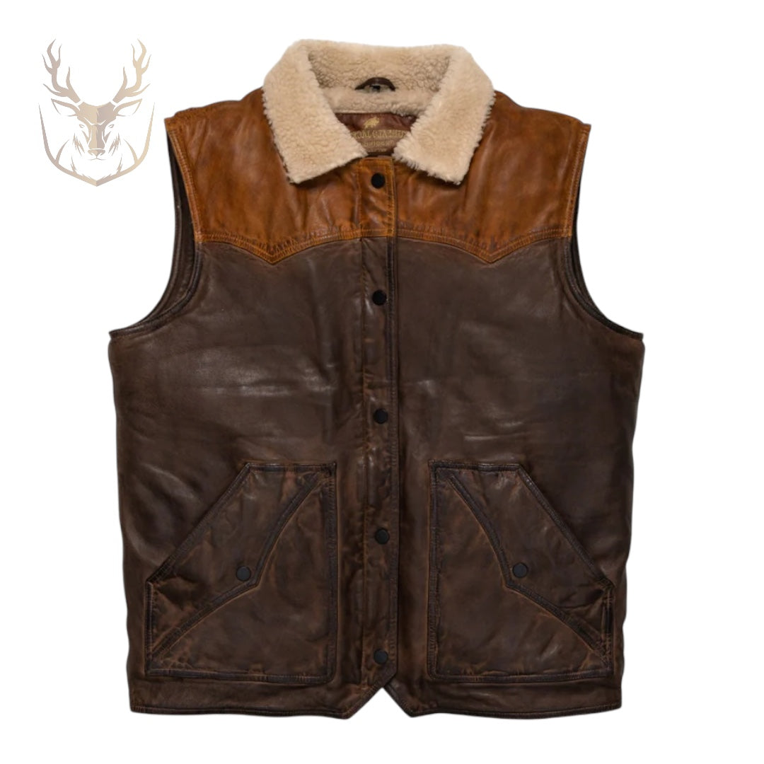 LuxeAura’s Brown & Tan Mens Western Leather Vest.