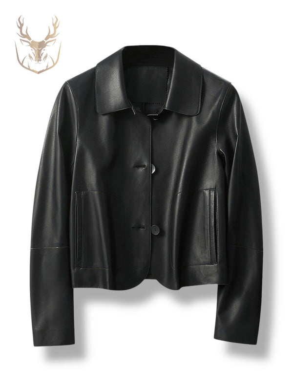 LuxeAura’s Black Cropped Style Leather Jacket For Women.