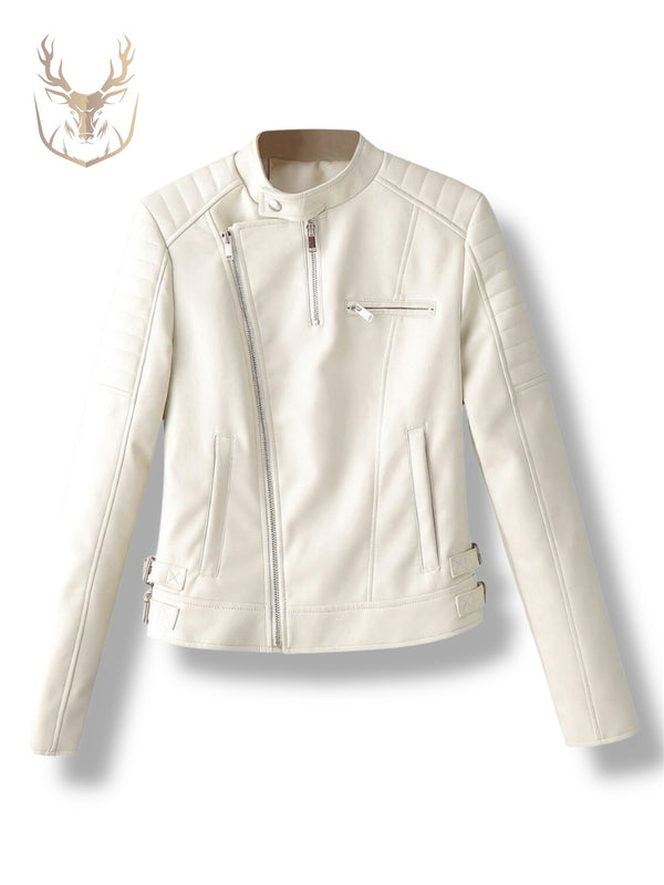 LuxeAura’s White Biker Quilted Shoulders Leather Jacket For Women.