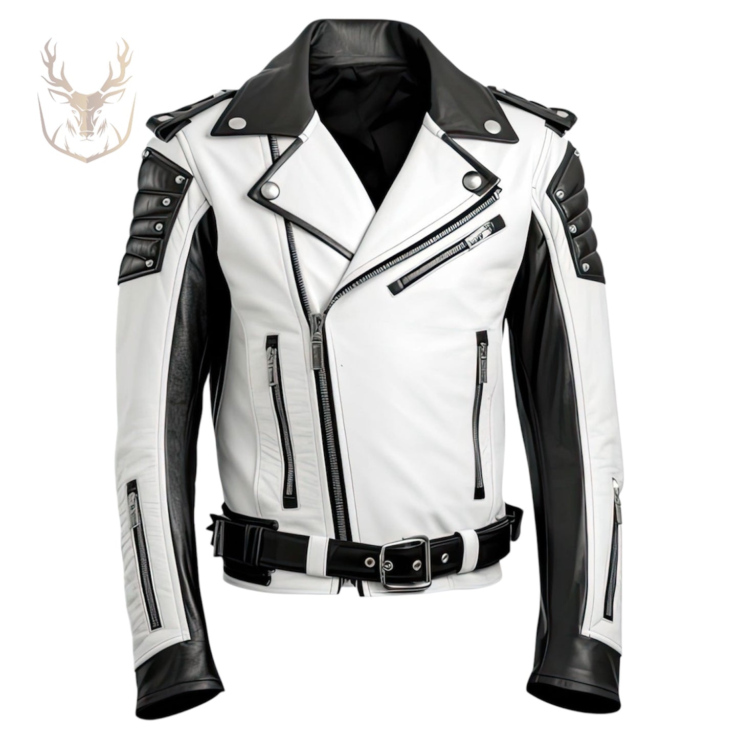 LuxeAura’s White Black Biker Leather Jacket For Men.