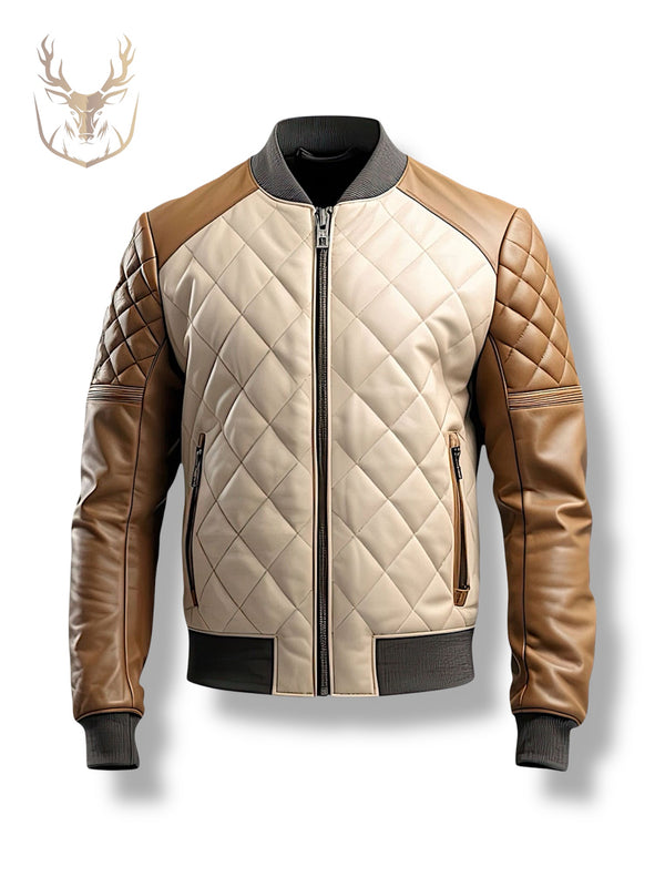 LuxeAura’s Brown Beige Diamond Quilted Bomber Jacket For Men.