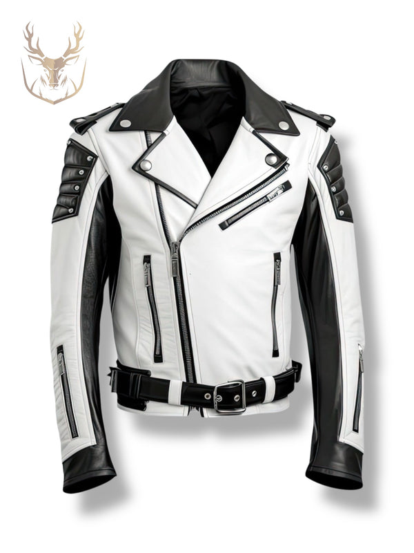 LuxeAura’s White Black Biker Leather Jacket For Men.