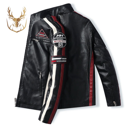 LuxeAura’s Black Embroidery Patch Aviator Biker Leather Jacket For Men.